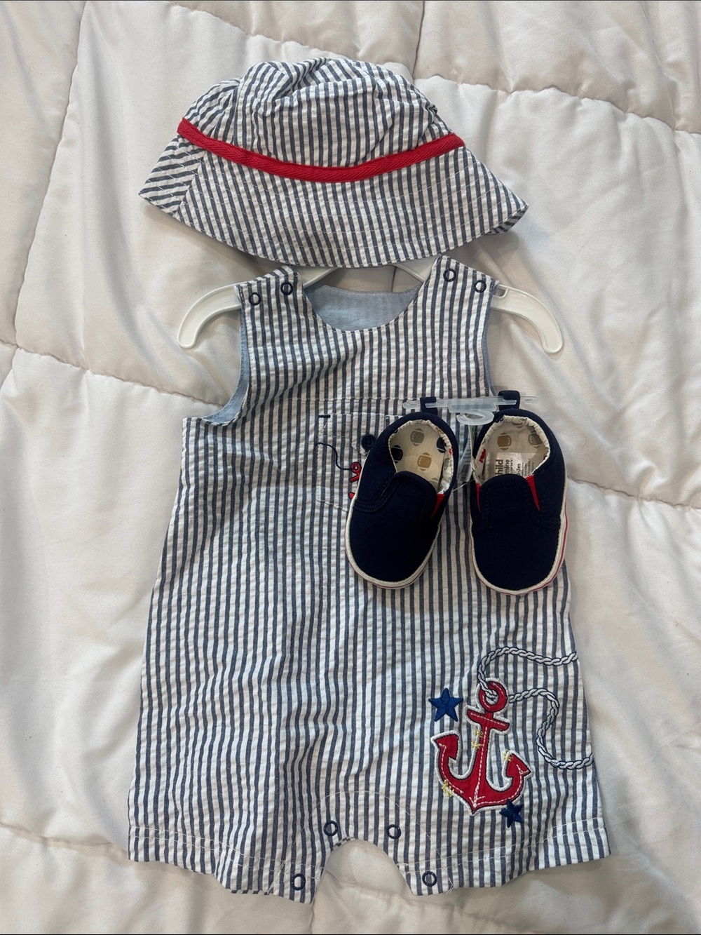 Little Me Navy & White Striped Anchor Romper Set